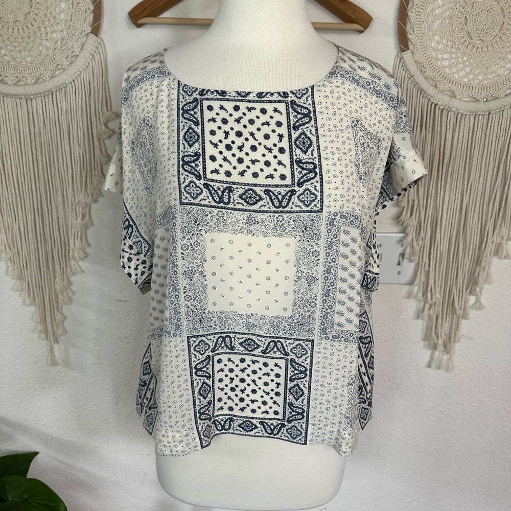 Madewell Kyoto Bandana Print Cream and Blue Silk Blouse Top Size Large